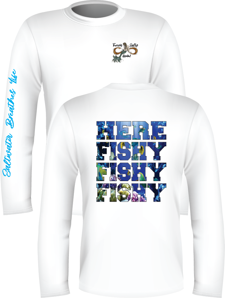 Here Fishy Fishing Shirt Gray Embroidered Mens Size Large Bahamas Fly Ocean